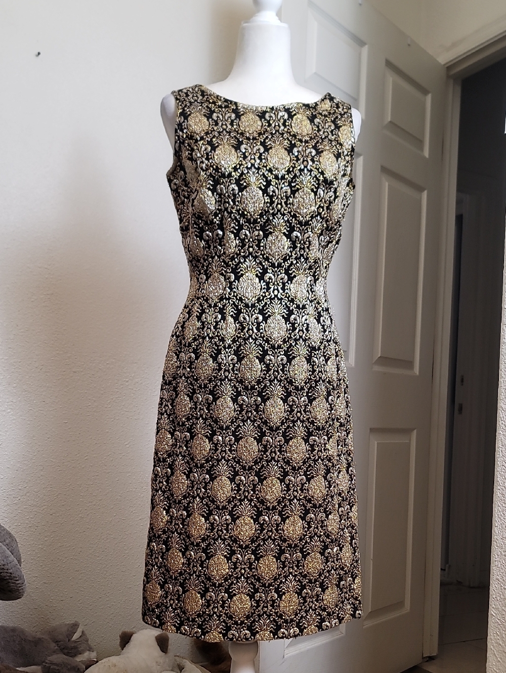 Black and Gold Brocade Sleeveless Midi Dress